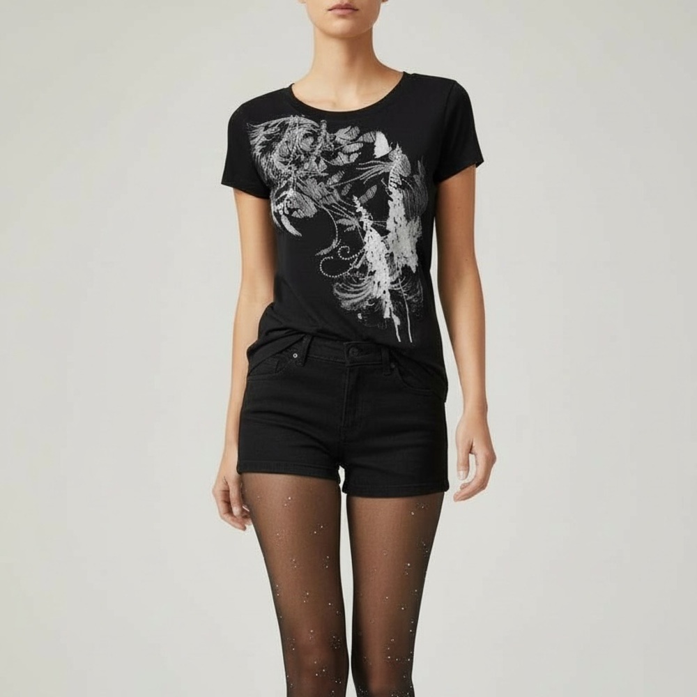Express Black Graphic Tee XS – Rhinestone Embellished Floral & Feather Graphic T